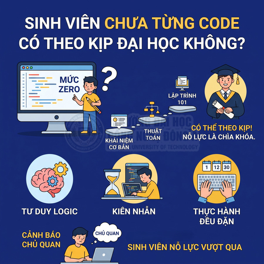 Infographic lộ trình học lập trình cho sinh viên chưa từng code, nhấn mạnh tư duy logic, kiên nhẫn và thực hành đều đặn